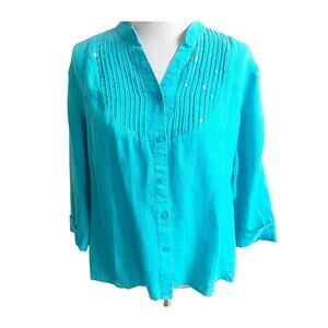 JM Collection 100% Linen Sequins Tunic Top Size 14 Petite Turquoise 3/4 Sleeve